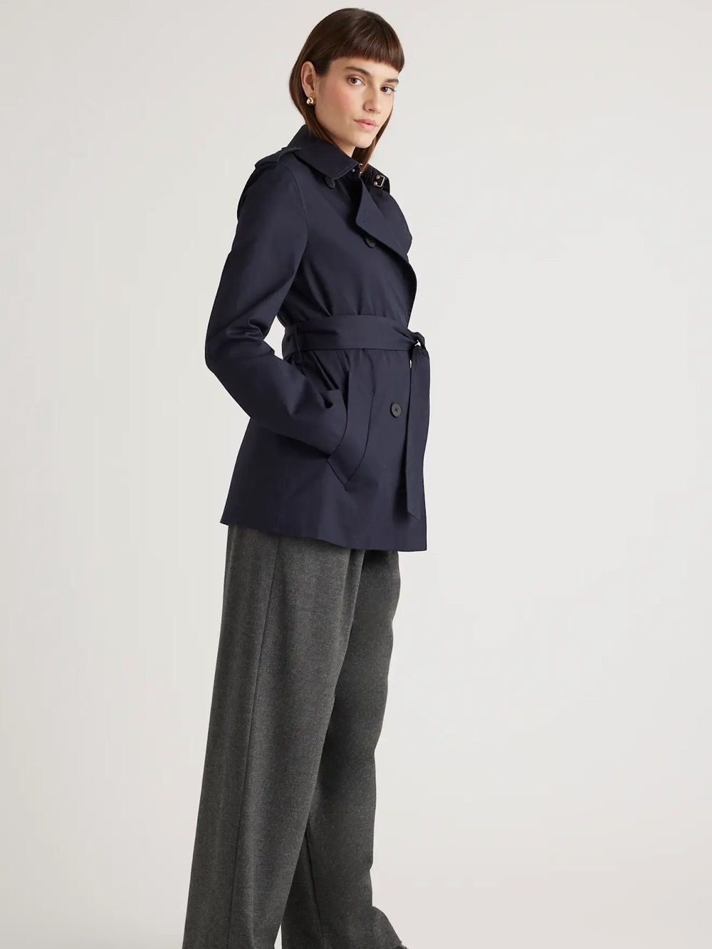 NWT QUINCE Classic Comfort Stretch Short Trench Coat Navy XS 9568 - Picture 10 of 11